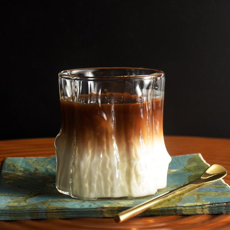 Premium Wood Grain Effect Glass Cup for Coffee, Multipurpose Handcrafted Clear Glass Drinkware, Reusable, Recyclable, Retro Latte, Milk, Tea, Breakfast Beverage Tumbler, High Heat Resistance, Hand Wash Only - Set of 1