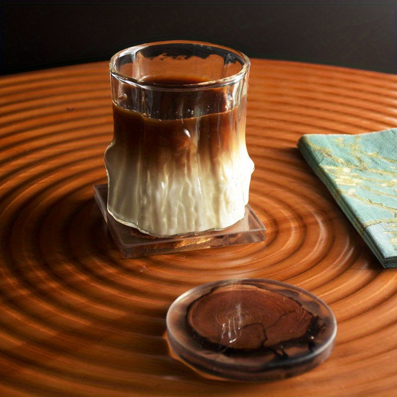 Premium Wood Grain Effect Glass Cup for Coffee, Multipurpose Handcrafted Clear Glass Drinkware, Reusable, Recyclable, Retro Latte, Milk, Tea, Breakfast Beverage Tumbler, High Heat Resistance, Hand Wash Only - Set of 1