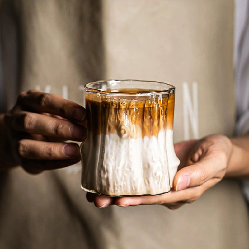 Premium Wood Grain Effect Glass Cup for Coffee, Multipurpose Handcrafted Clear Glass Drinkware, Reusable, Recyclable, Retro Latte, Milk, Tea, Breakfast Beverage Tumbler, High Heat Resistance, Hand Wash Only - Set of 1