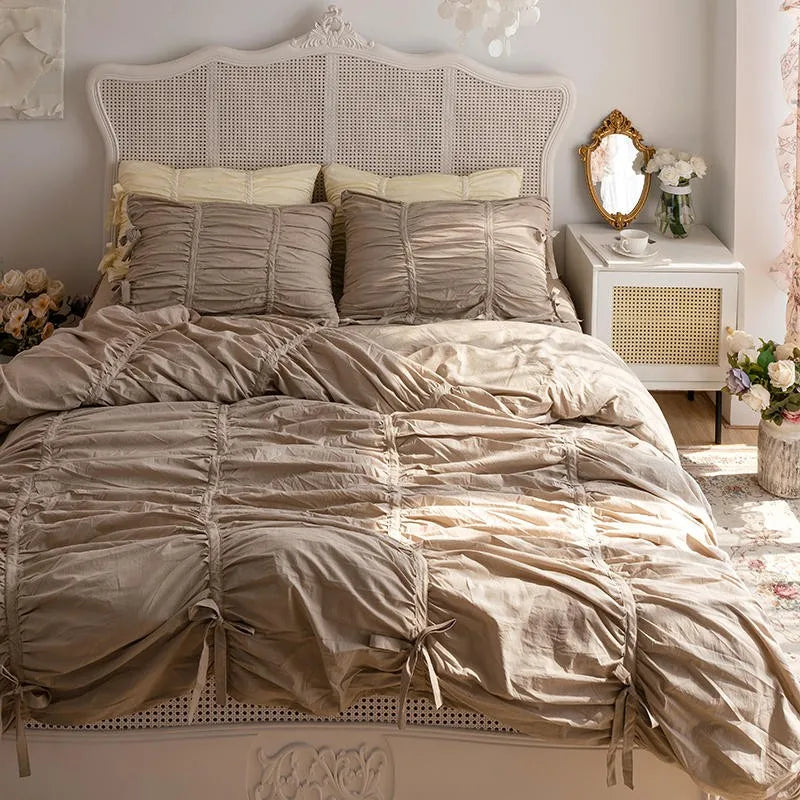 Pinch Pleated Duvet Cover with Zipper 4Pcs100%Cotton Soft Farmhouse Princess Girls 1.5/1.6/1.8m Bedding set Bed Sheet Pillowcase