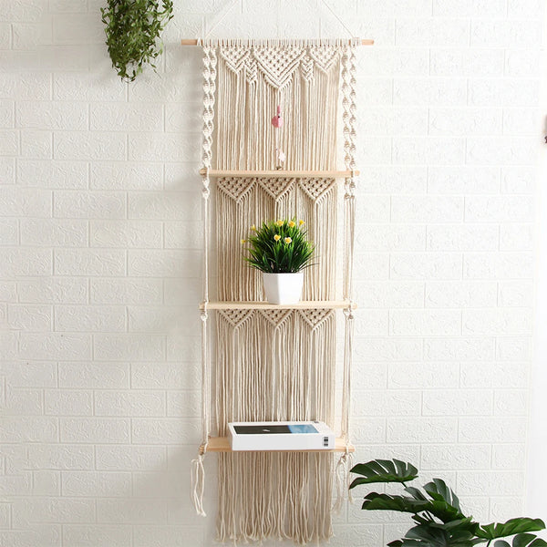 Boho Macrame Wall Hanging Shelf 3 Tier Handmade Woven Wood Organizer S ...