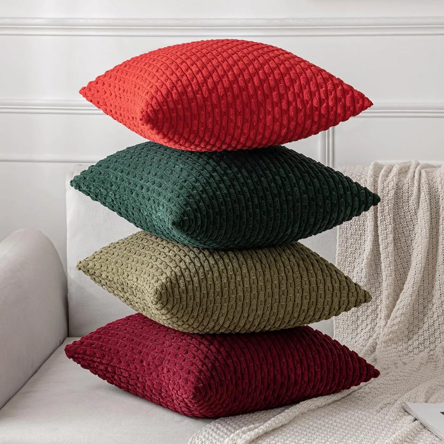 Dark Green Throw Pillow Covers 16x16 Inch Decorative Couch Cushion Cover Soft Corduroy Boho Home Decor for Bed Sofa Living Room