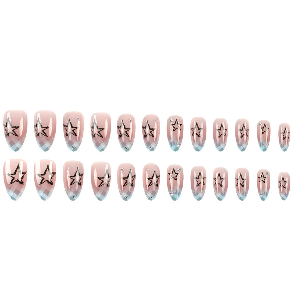 Blue Plaid French Style Fake Nails Y2K Star Diamond Designs Almond Press on Nails Sweet Girls Wearable False Nails Tips 24Pcs
