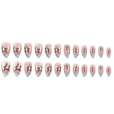 Blue Plaid French Style Fake Nails Y2K Star Diamond Designs Almond Press on Nails Sweet Girls Wearable False Nails Tips 24Pcs