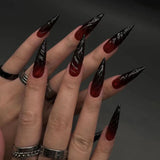 24pcs Halloween Fake Nails Black Red Gradient False Nails Dark Halo Wave Artificial Nails Wearable Long Stiletto Nail with Glue