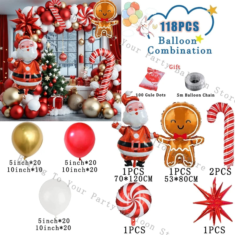 Decorations Christmas Balloons Garland Arch Red Metallic Gold With Gingerbread Man Stars Foil Balloon For Christmas Party Decor