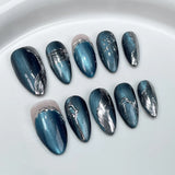 Dark Blue Cat Eye Fake Nails Medium Almond False Nails Press on With Hand Drawn Metal Lines Wearable Full Cover Almond Nail Tips