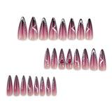 24Pcs Black Red Gradient Fake Nails Wearable Long Almond Press on False Nail Glitter Diamond Nail Tips Dark Hottie Stick on Nail