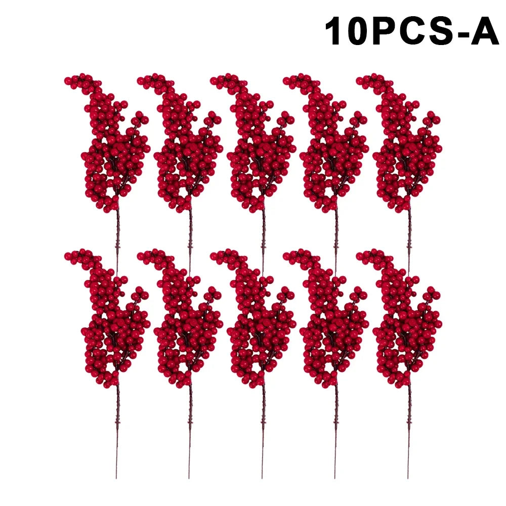 10/1Pcs Artificial Red Berries Christmas Holly Berry Branches Xmas Tree Ornaments Fake Plants For Home Navidad Party Decoration