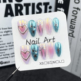10Pcs Sweet Cool Aurora Almond False Nails Cute Hand drawn Bow Press on Nails with Heart Diamond Pearl Full Cover Fake Nail Tips