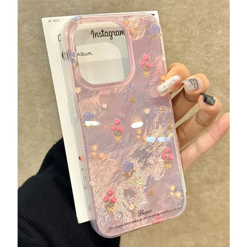 Cute Tulip Pink Floral Fashion Gauze Clear Phone Case For iPhone 16 15 14 13 12 11 Pro Max XS XR X 7 8 Plus Silicone Soft Cover