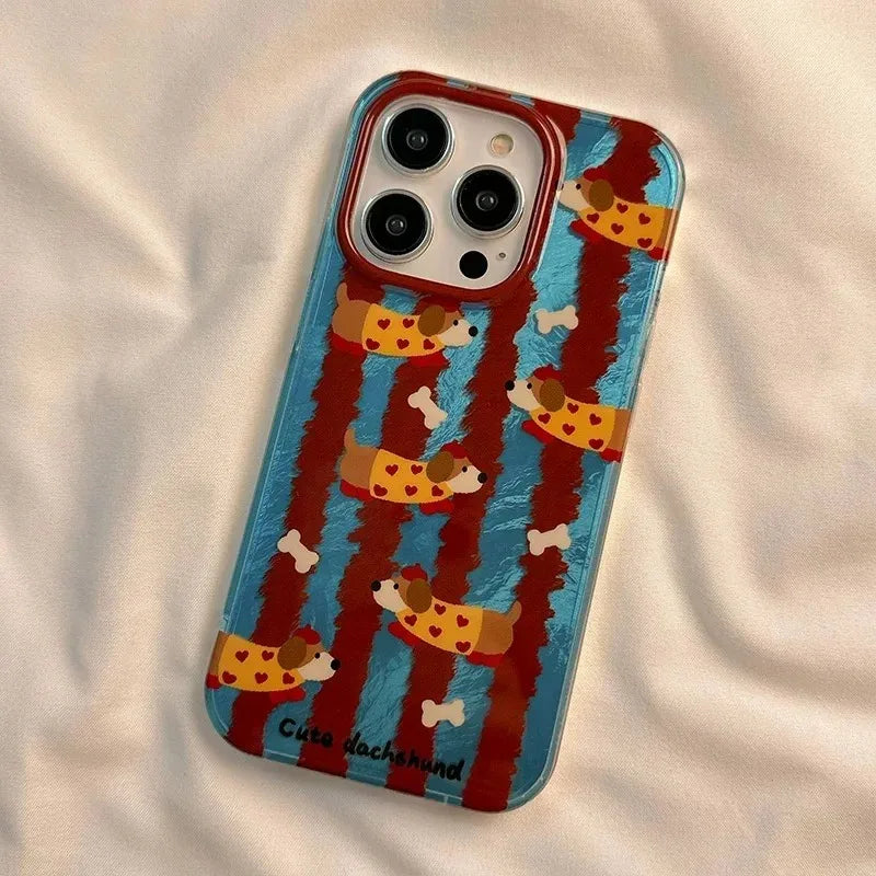 Whirlpool Pattern Red Blue Contrasting Sausage Dog Case For iPhone 16 15 Pro Max 14 13 12 11 XS XR X SE 7 8 Plus Silicone Cover