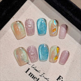 10Pcs Colorful Cat Eye Fake Nails Simple Dreamy Artificial Nails with Bubble Diamonds Press on Nail Wearable Short Square Nails