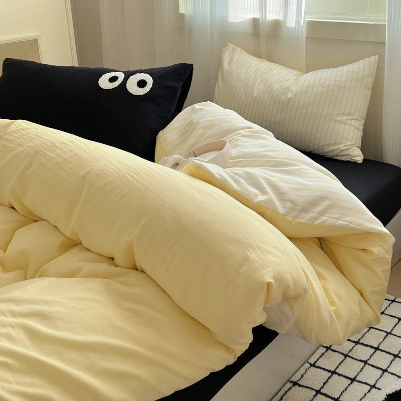 Korean Bed Linen Bedding Sets Stripes Duvet Cover Set Quilt Cover Bed Sheet Quilt Sets Queen Size INS Blogger Comforter Sets