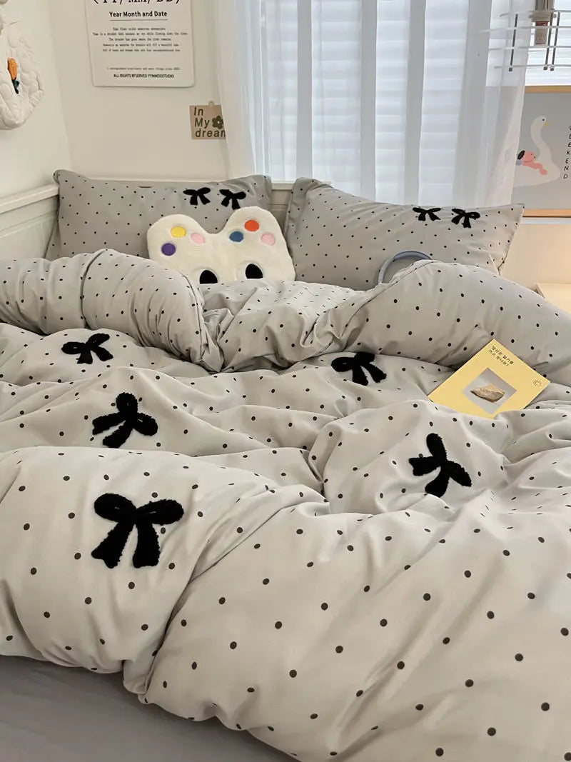 Ins Style Girl Blue 1.5m/1.8m Fitted Sheet Bow Towel Bedding Set Embroidery Washed Cotton Four-piece Set Bed Sheet Three-piece