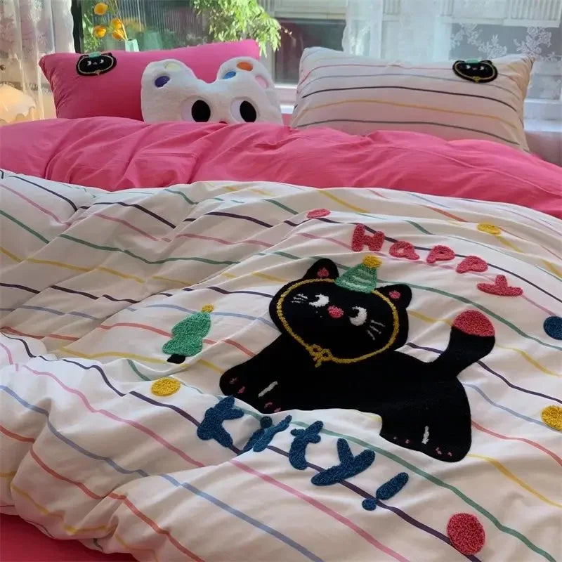 Korean Style Bedding Set Green Strip Black Cat Embroidery Washed Cotton  Duvet Cover Cute Cardboard  Bed linen Comforter Sets