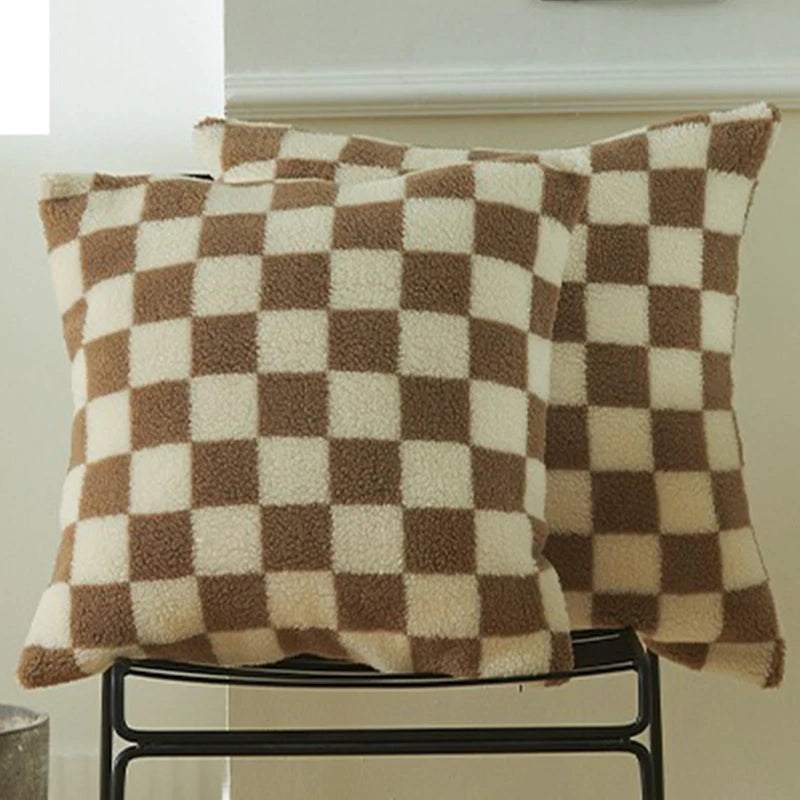 Black Faux Fur Wool Throw Pillow Cover Checked Cushion Cover for Sofa Couch Living Room Polyester Lumbar Pillow Home Decoration