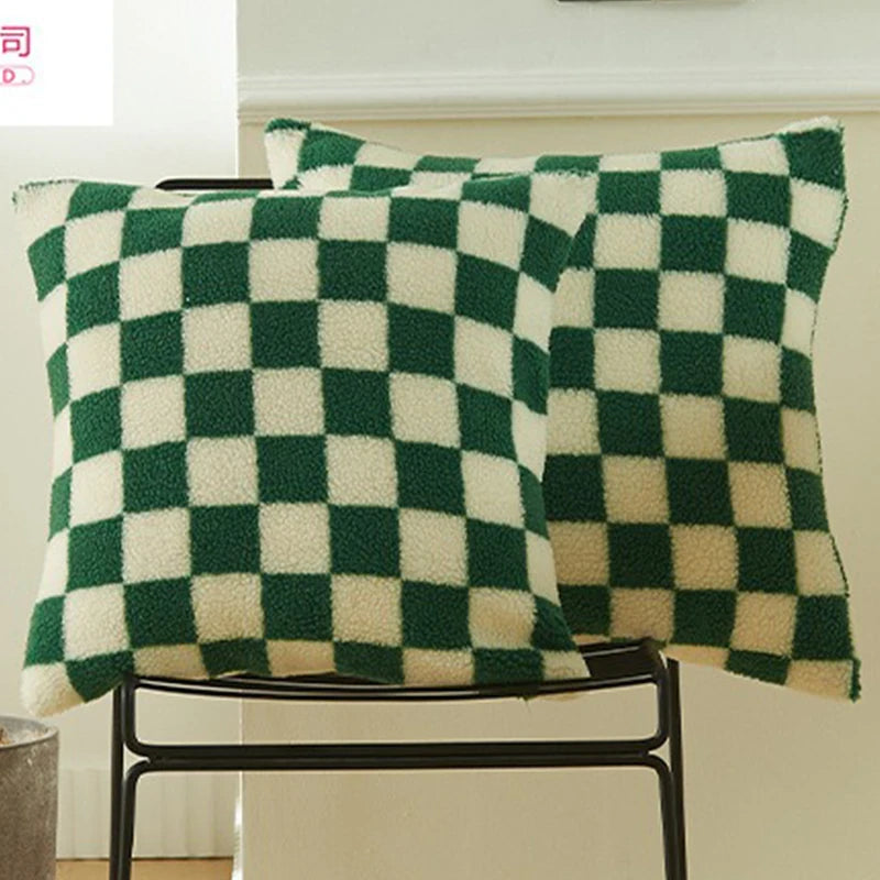 Black Faux Fur Wool Throw Pillow Cover Checked Cushion Cover for Sofa Couch Living Room Polyester Lumbar Pillow Home Decoration