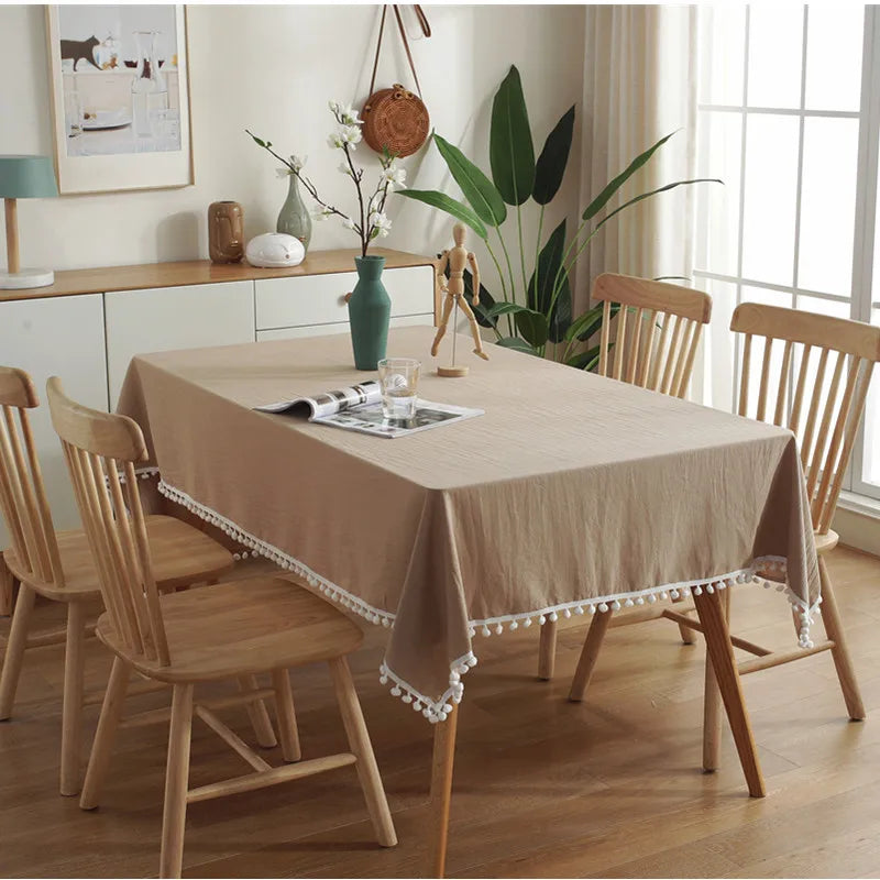 100% Cotton Tablecloths Fabric Tassel Tablecloth Dust-Proof Table Cover for Kitchen Dinning Tabletop Home Wedding Decoration