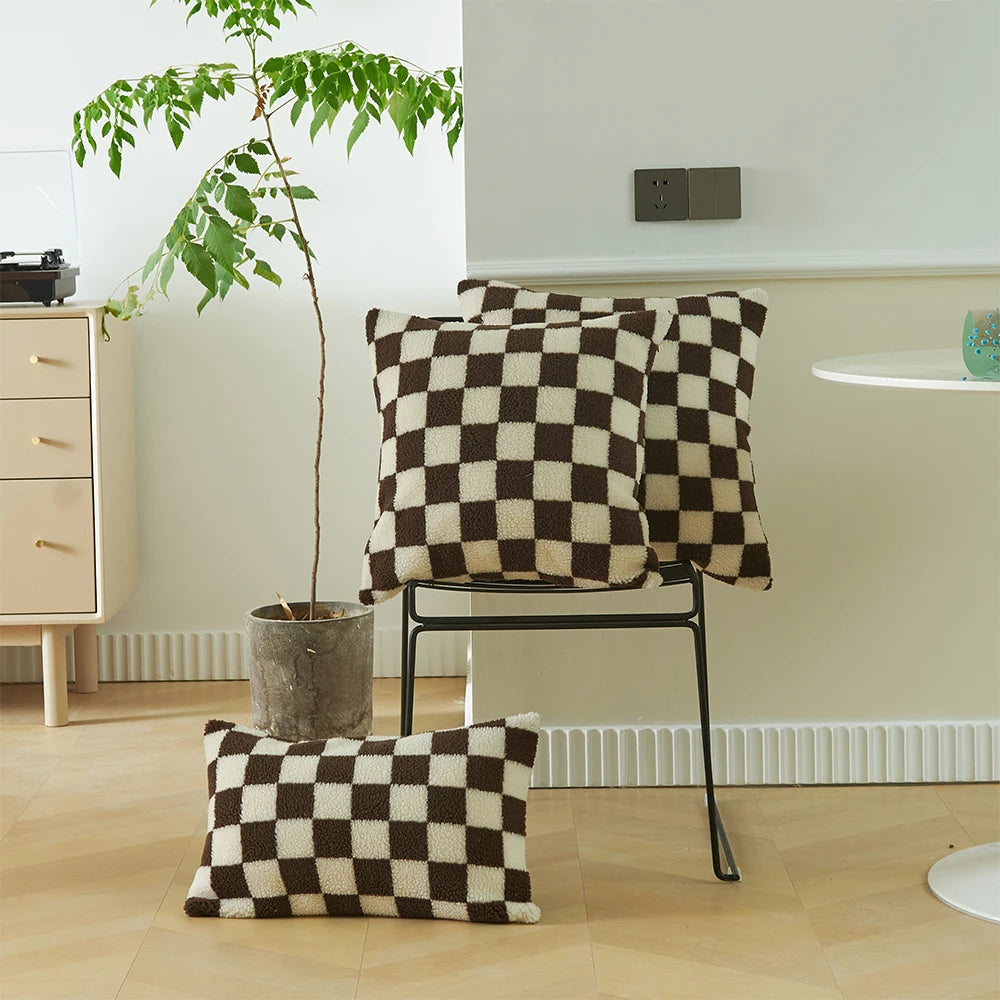 Checkered Cushion Cover Checkerboard Throw Pillowcase Short Fleece Square Pillow Cover For Home Living Room Sofa Decoration