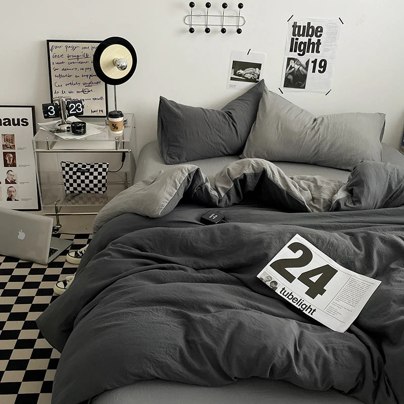 Beige Pink Bedding Set Solid 3/4pcs Home Linens Luxury Duvet Cover Pillowcase Flat Sheet Wash Cotton Twin King BedRoom Decor