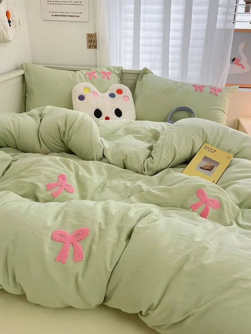 Ins Style Girl Blue 1.5m/1.8m Fitted Sheet Bow Towel Bedding Set Embroidery Washed Cotton Four-piece Set Bed Sheet Three-piece