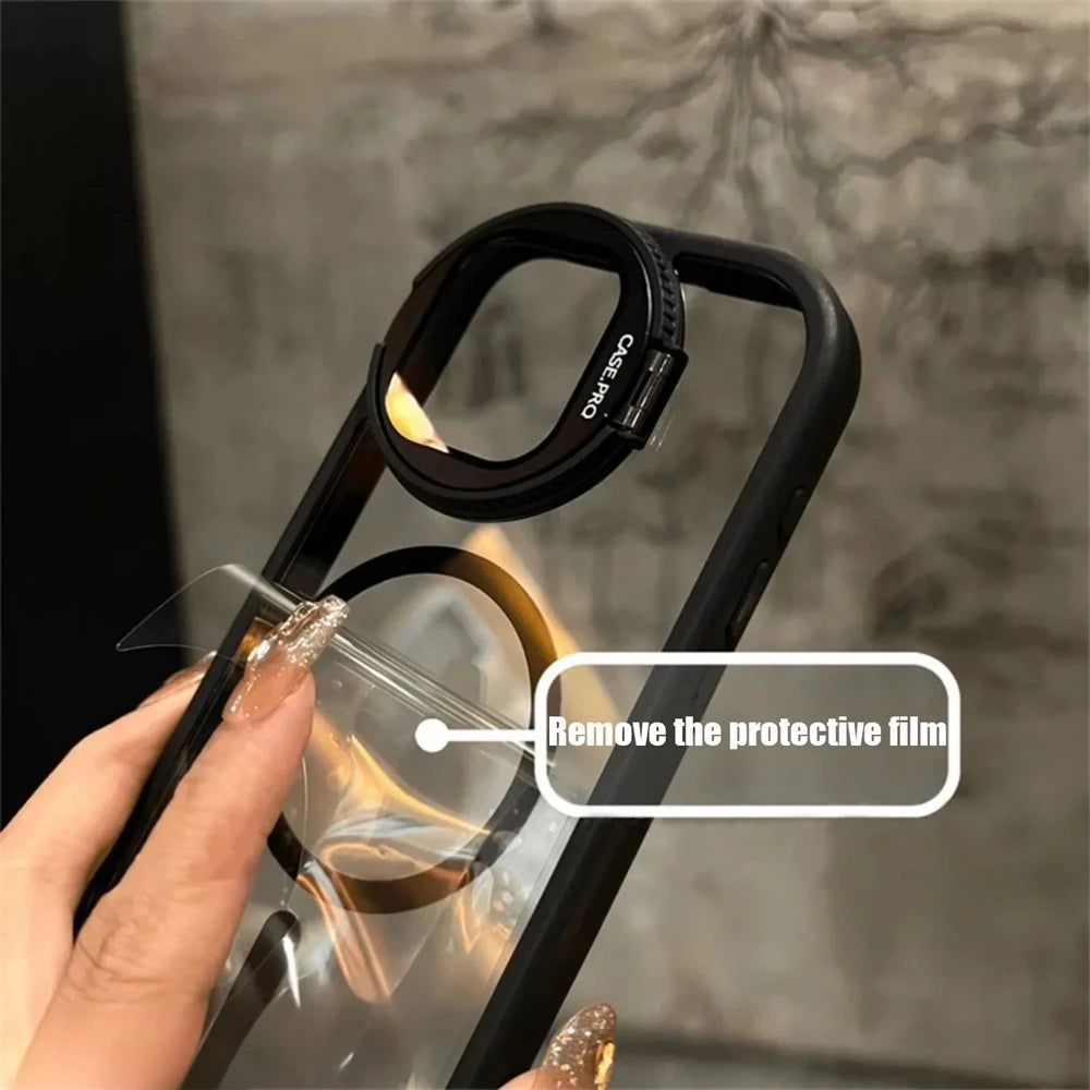 Camera Lens Protection Flip Bracket Stand For Magsafe Magnetic Case for iPhone 15 11 12 13 14 16 Pro Max Plus Transparent Cover