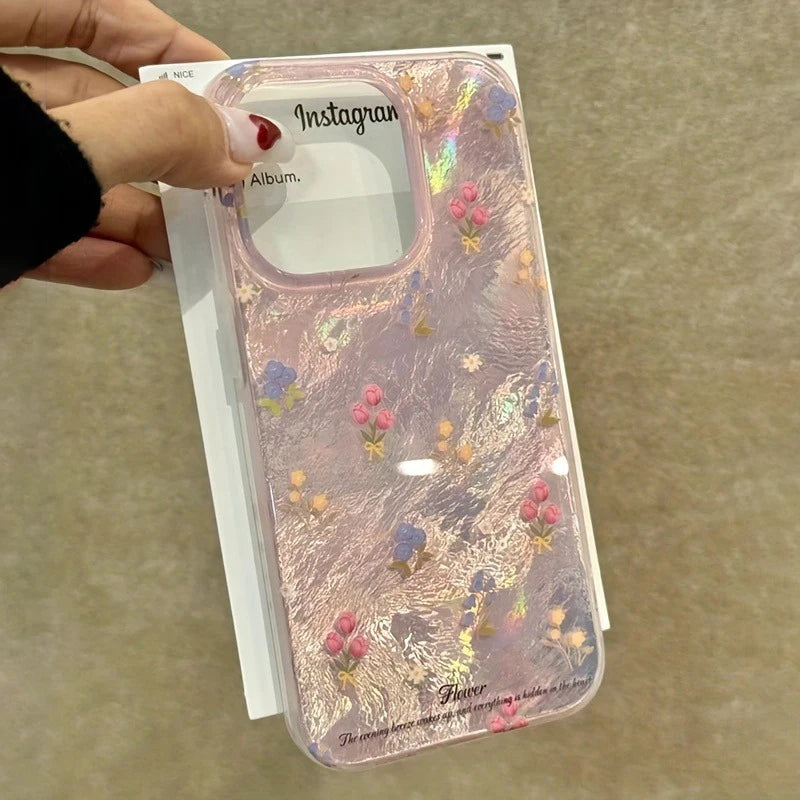 Cute Tulip Pink Floral Fashion Gauze Clear Phone Case For iPhone 16 15 14 13 12 11 Pro Max XS XR X 7 8 Plus Silicone Soft Cover