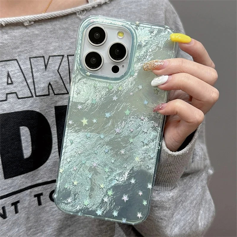 Cute Gradient Stars Aurora Laser Case For iPhone 11 12 13 14 15 16 Pro Max XS XR X 7 8 Plus Korea Girl Shining Silicone Cover