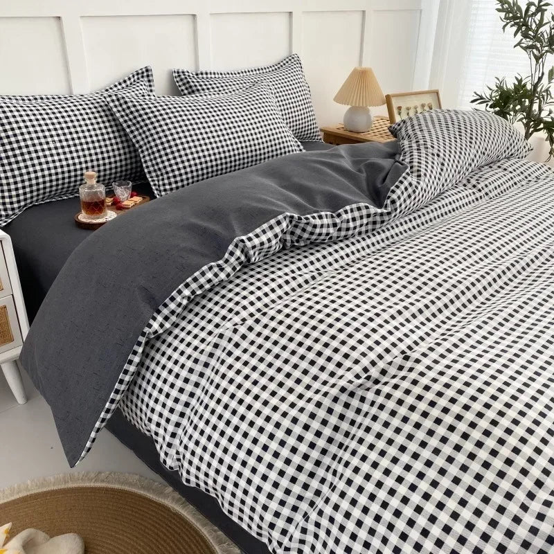 Black White Small Checks Printed Bed Set Floral Duvet Cover Pillowcase Bedding Set Bed Sheet Quilt Cover Single Queen King Size