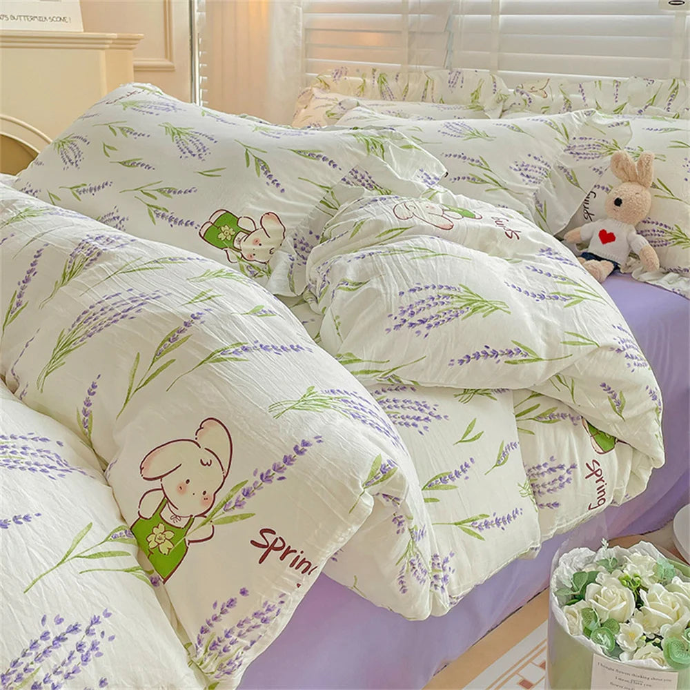 Fresh Plant Flower Bed Sheet for Children and Adults Four-Piece Bed Set Pillowcases Soft Washed Cotton Home Textiles
