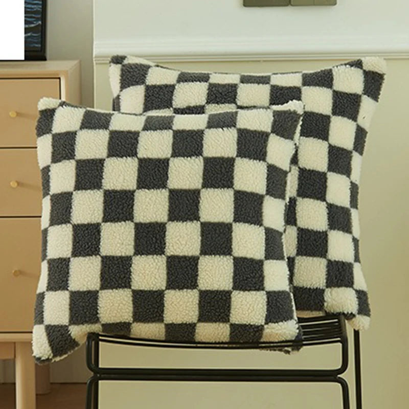 Black Faux Fur Wool Throw Pillow Cover Checked Cushion Cover for Sofa Couch Living Room Polyester Lumbar Pillow Home Decoration