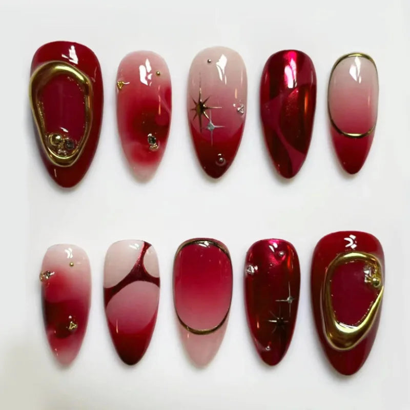 24Pc French Almond Press on Fake Nails Wearable Gradient Red Nails with Glue Simple Stars Design False Nails Full Cover Nail Tip