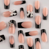 Black French Tips Press on Nails 3D White Bowknot Alloy Stars Designs Fake Nails Ballet Charms False Nails Korean Manicure