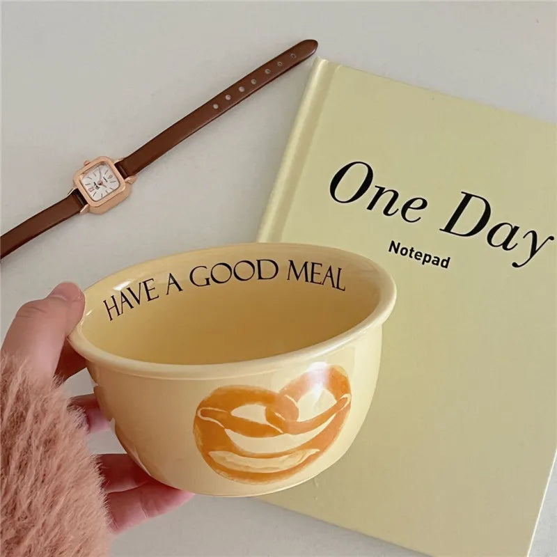 Korean Style Household Ceramic Tableware Set Creative Bread and Toast Printed Noodle Bowls Meal Plate Home Porcelain Dinnerware