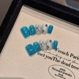 10Pcs Blue Fake Nails Bling Glitter Cat Eye False Nails Press on Wearable Fashion Artificial Nails with Diamond Star Nail Tips