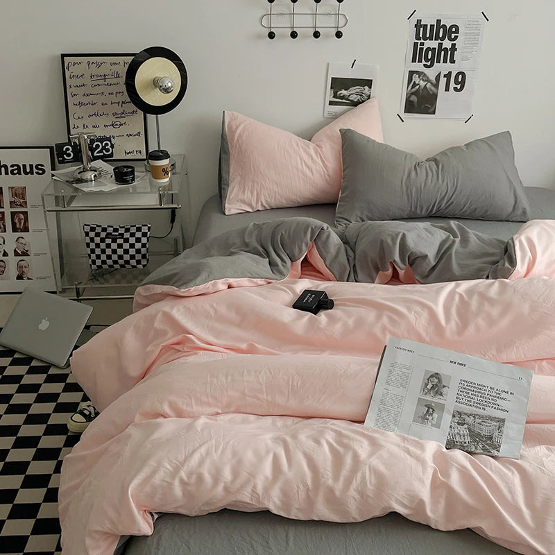 Beige Pink Bedding Set Solid 3/4pcs Home Linens Luxury Duvet Cover Pillowcase Flat Sheet Wash Cotton Twin King BedRoom Decor