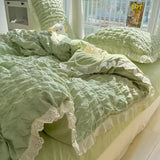 Korean Seersucker Ruffle Bedding Set For Women Princess Style Bedroom Bed Sheet Set Queen Washed Cotton Solid Color Bed Linen