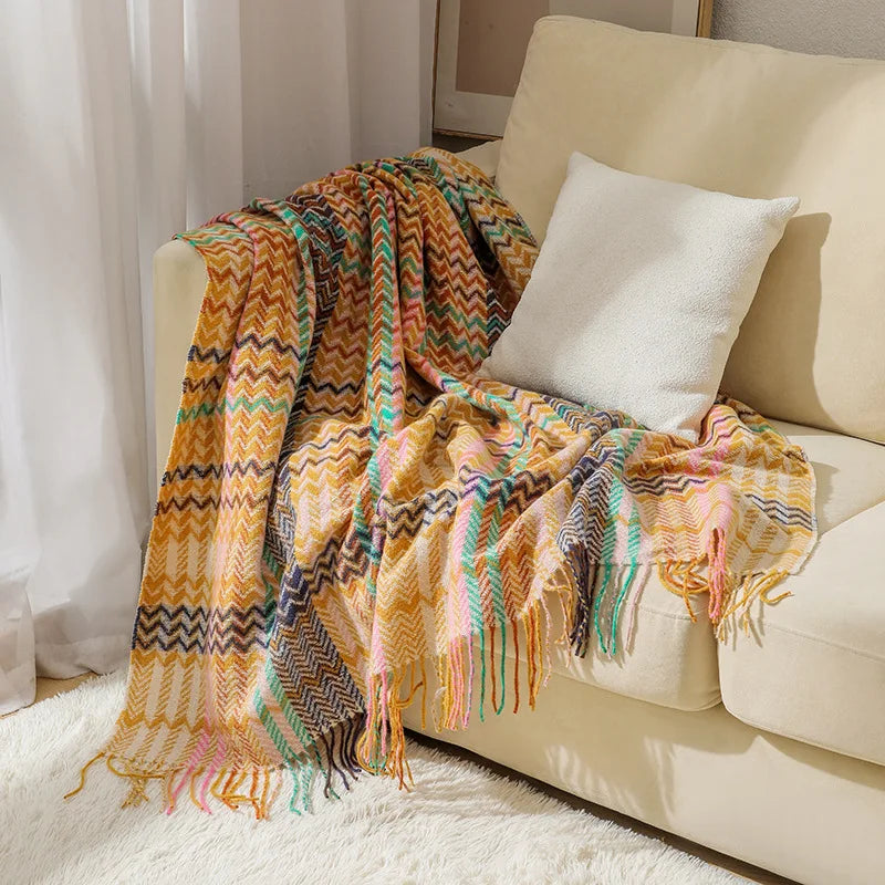 Textile City Ins Ethnic Style Woven Sofa Blanket Wavy Tassel Casual Shawl Throw Blanket Room Decor Acrylic Shawl 127x172cm