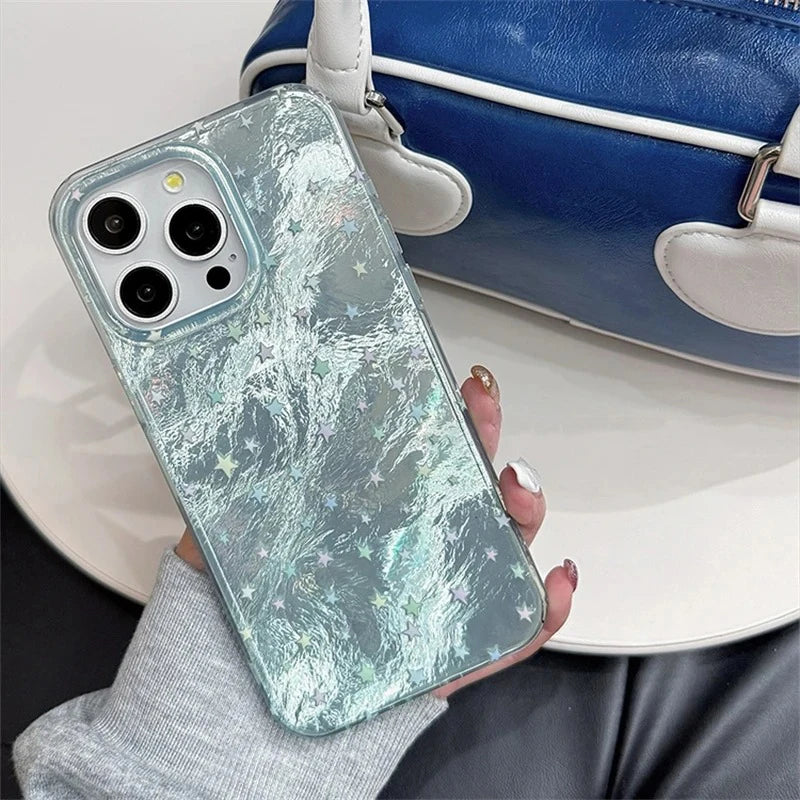 Cute Gradient Stars Aurora Laser Case For iPhone 11 12 13 14 15 16 Pro Max XS XR X 7 8 Plus Korea Girl Shining Silicone Cover