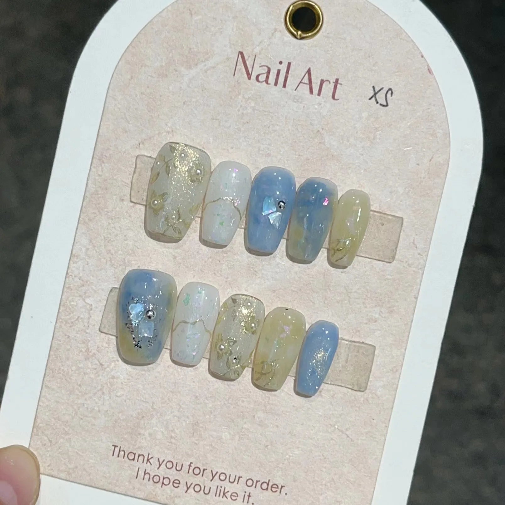 10Pcs Fake Nail Blue Halo Medium Coffin Press on Nail with Glue Fresh Elegant False Nails Hand Painted Branches Leaves Nail Tips