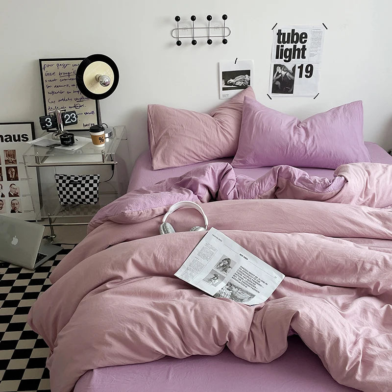 Beige Pink Bedding Set Solid 3/4pcs Home Linens Luxury Duvet Cover Pillowcase Flat Sheet Wash Cotton Twin King BedRoom Decor