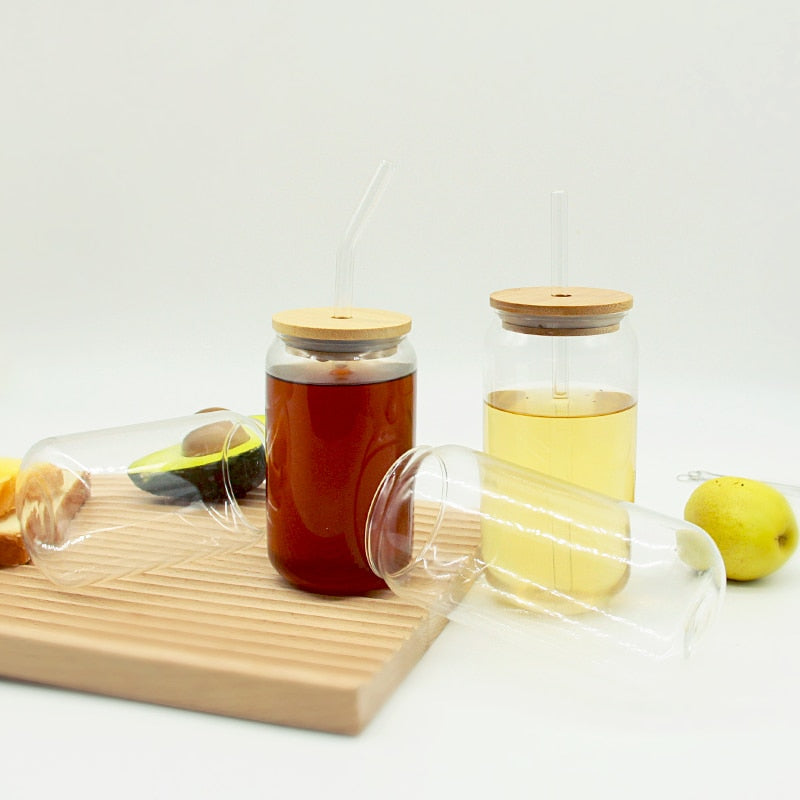 Glass Cup Bamboo Lid and Straw Bubble Tea Transparent Cold Drinking Coffee Mug Wine Milk Cup Glass Drinkware Durable 4/6pcs