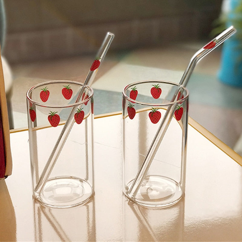 Ins Kawaii Style Mugs Strawberry Glasses Cup Coffee Milk Water Glass Cups with Straws Clear Cute Juice Gifts for Girl Lady Set