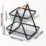 2/3 Tier Kitchen Organizer Rack Fruit Basket with Detachable Metal Holder and Wooden Handle Vegetable Bread Snacks Storage Shelf