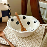 Chic Black & White Polka Dot Ceramic Bowl - 13.53oz, Wavy Edge Design for Oatmeal, Ice Cream | Microwave Safe, Perfect for Home Kitchens, Dessert Shops, and Dorm Decor, Ins Style, Dessert Bowl, Ceramic, Wavy Edge