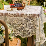 Elegant White Lace 1pc Tablecloth - 100% Polyester Woven Rectangular Table Cover - Machine Made Solid Round Table Linen for Tea Table, Home Decor