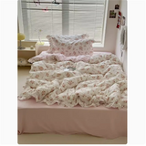 Cute Princess Fashion Lattice Bedding Set Bed Sheet AB Double Sided Ruffle Flower Quilt Cover Pillowcase Bedclothes Home Textile