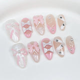 10Pcs Almond Handmade Press On Nails Bowknot Fake Nail Full Cover Metallic Glitter Spice Girl French Design Manicure False Nails