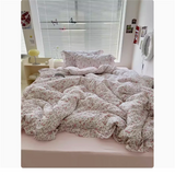 Cute Princess Fashion Lattice Bedding Set Bed Sheet AB Double Sided Ruffle Flower Quilt Cover Pillowcase Bedclothes Home Textile